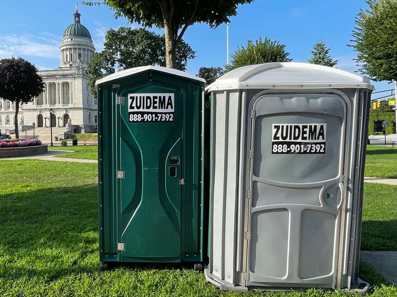 Two portable toilets were placed near the Bergen County Justice Center in New Jersey